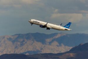 FILE PHOTO: Jetblue commercial aircraft takes off from  Las