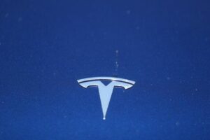 The Tesla logo is seen on a car in Los